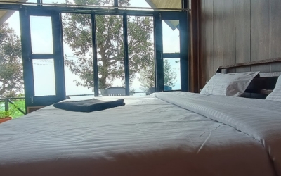 Bedroom interior with a large bed and expansive floor-to-ceiling windows overlooking trees.